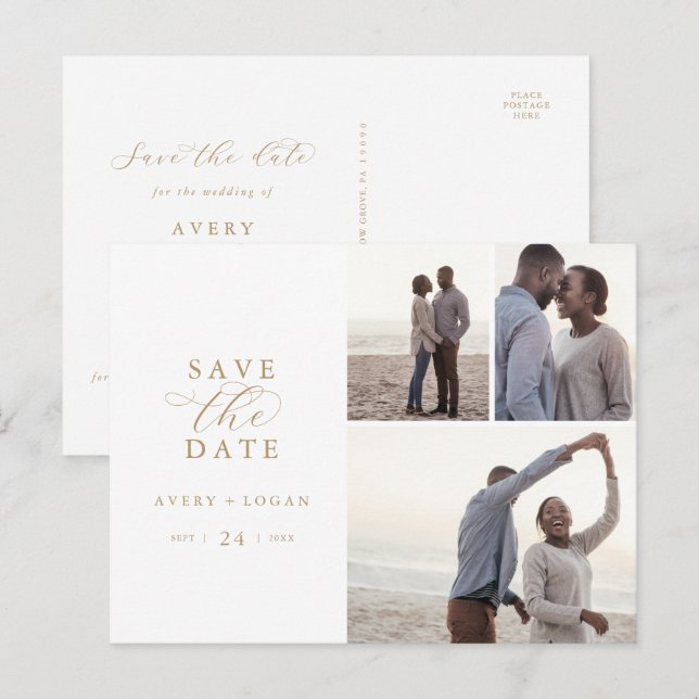 Elegant Gold Script 3 Photo Collage Save the Date Invitation Postcard (Front/Back)