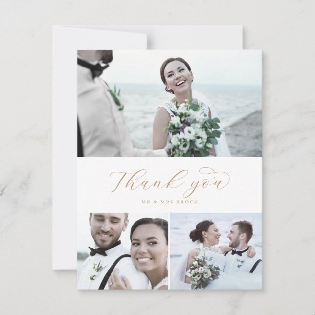 Elegant Gold Script 3 Photo Collage Wedding Thank You Card (Front)