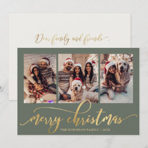 Elegant Gold Script 3 Photo Sage Green Christmas Holiday Card