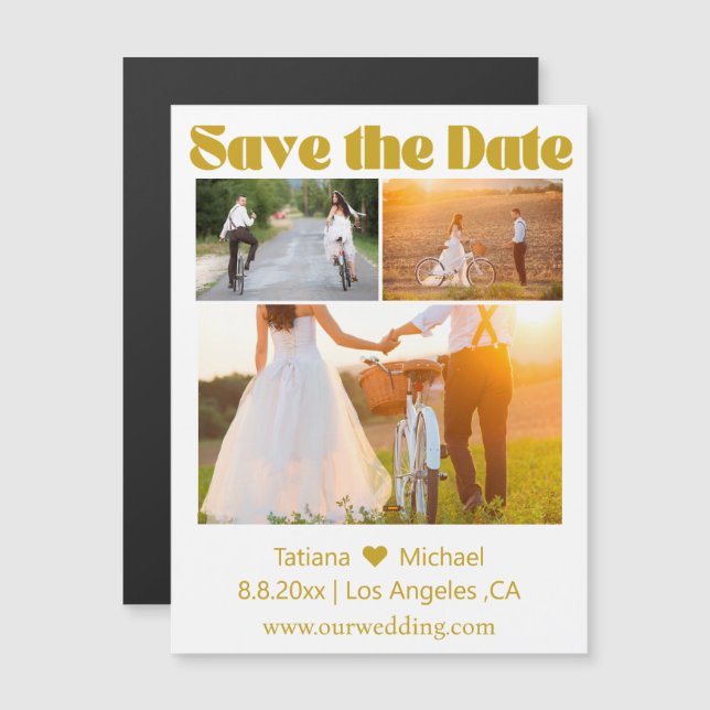 elegant gold script 3 photo save the date magnet (Front/Back)