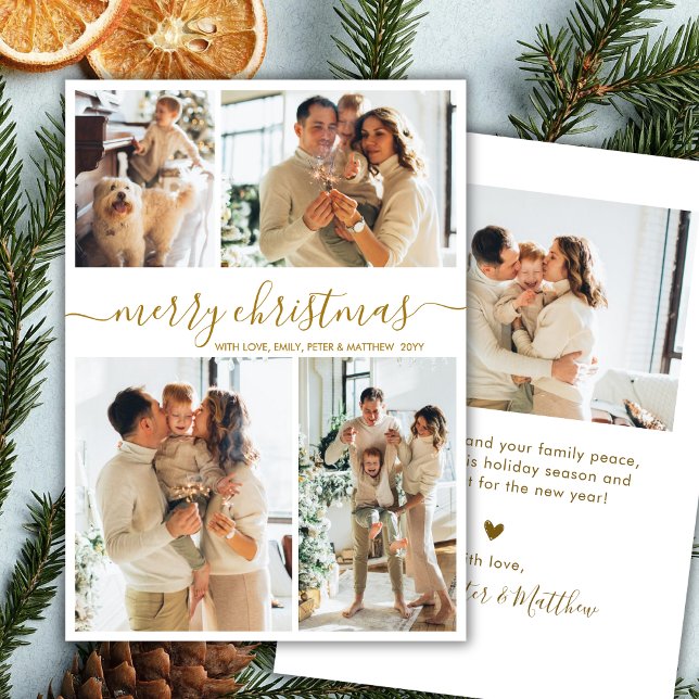 Elegant Gold Script 4 Photo Collage Christmas Holiday Card (Creator Uploaded)