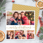 Elegant Gold Script 4 Photo Collage Christmas Holiday Card<br><div class="desc">Modern Minimalist Elegant White and Gold "Merry Christmas" Script 4 Photo Collage Holiday Card. This festive, whimsical mimimalist, four (4) photo holiday card template features a pretty photo collage and says „Merry Christmas”! The „Merry Christmas” greeting text is written in a beautiful hand lettered swirly swash-tail font type calligraphy or...</div>