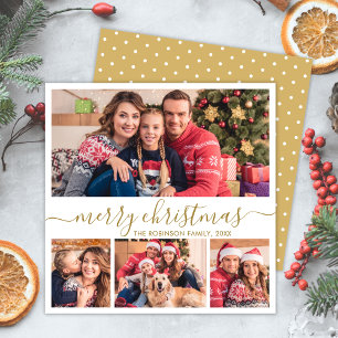 Elegant Gold Script 4 Photo Collage Christmas Holiday Card