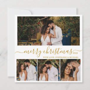 Elegant Gold Script 4 Photo Collage Christmas Holiday Card