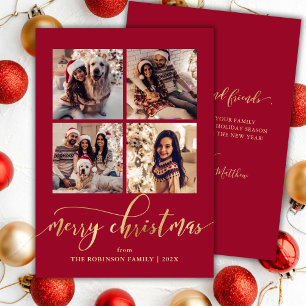 Elegant Gold Script 4 Photo Collage Red Christmas Holiday Card