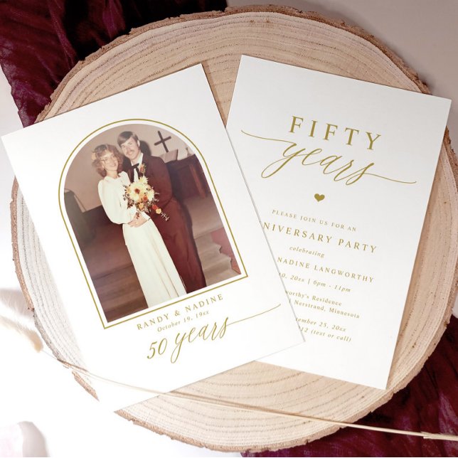 Elegant Gold Script 50th Wedding Anniversary Party Invitation (Elegant 50th wedding anniversary party invitations in modern minimalist calligraphy script.)