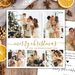 Elegant Gold Script 5 Photo Christmas Collage Holiday Card