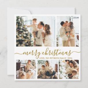 Elegant Gold Script 5 Photo Christmas Collage Holiday Card