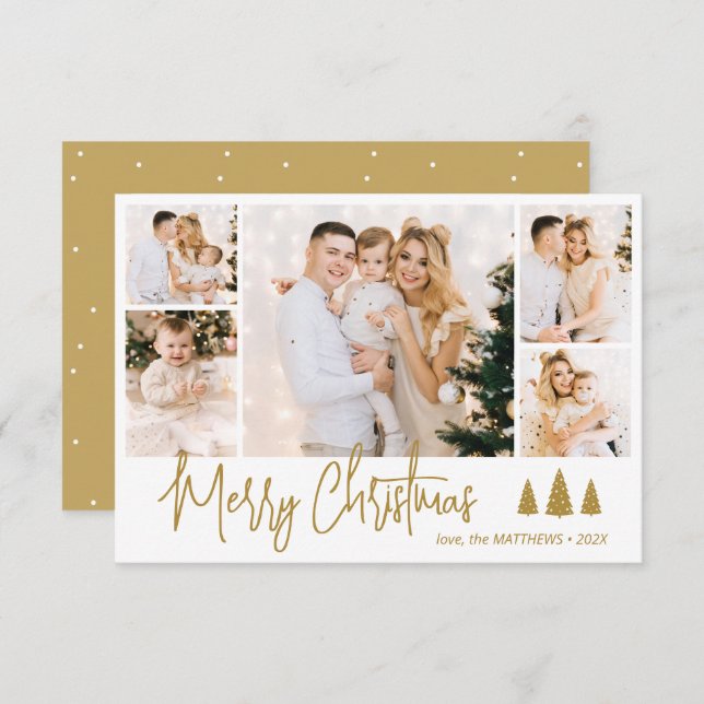 Elegant Gold Script 5 Photo Collage Christmas Card (Front/Back)