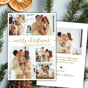 Elegant Gold Script 5 Photo Collage Christmas Holiday Card