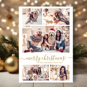 Elegant Gold Script 5 Photo Collage Christmas Holiday Card