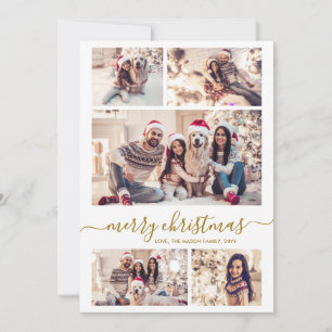 Elegant Gold Script 5 Photo Collage Christmas Holiday Card