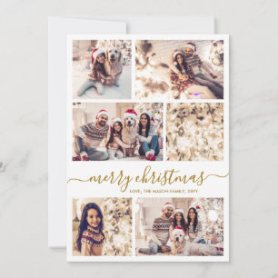 Elegant Gold Script 6 Photo Collage Christmas Holiday Card
