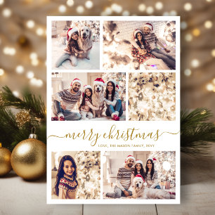 Elegant Gold Script 6 Photo Collage Christmas Holiday Card