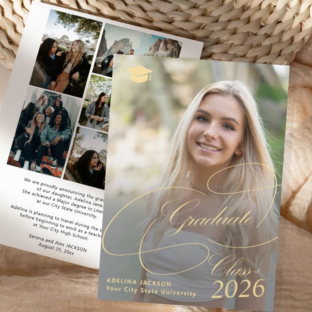 Elegant gold script 6 photo collage graduation announcement (Creator Uploaded)
