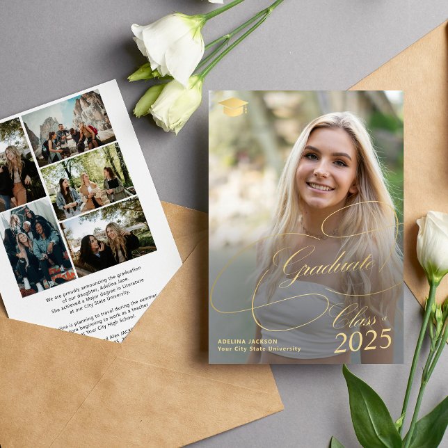 Elegant gold script 6 photo collage graduation announcement (Creator Uploaded)