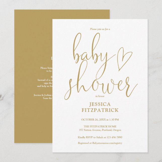Elegant Gold Script All In One Baby Shower Invitation (Front/Back)