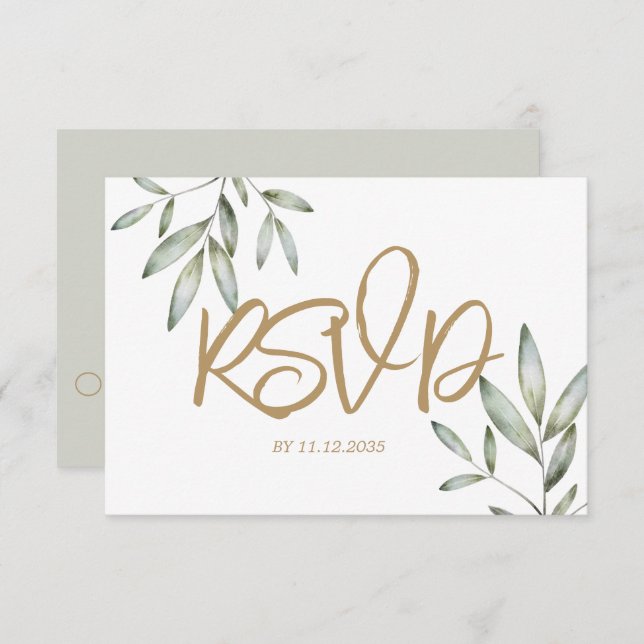 Elegant Gold Script and Sage Green Foliage Wedding RSVP Card (Front/Back)