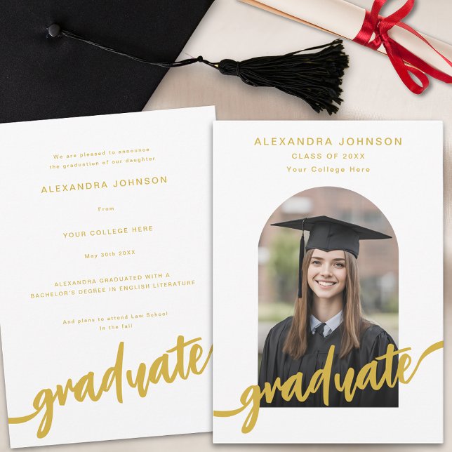 Elegant Gold Script Arch Photo Graduation Announcement (Elegant gold script arch photo Graduation announcement card stylish modern design)
