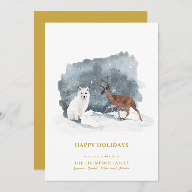 Elegant Gold Script Arctic Winter Minimalist Holiday Card (Front/Back)