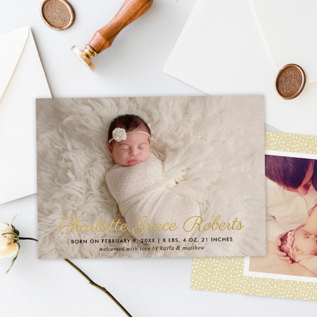Elegant Gold Script Baby Photo Birth Announcement (Creator Uploaded)