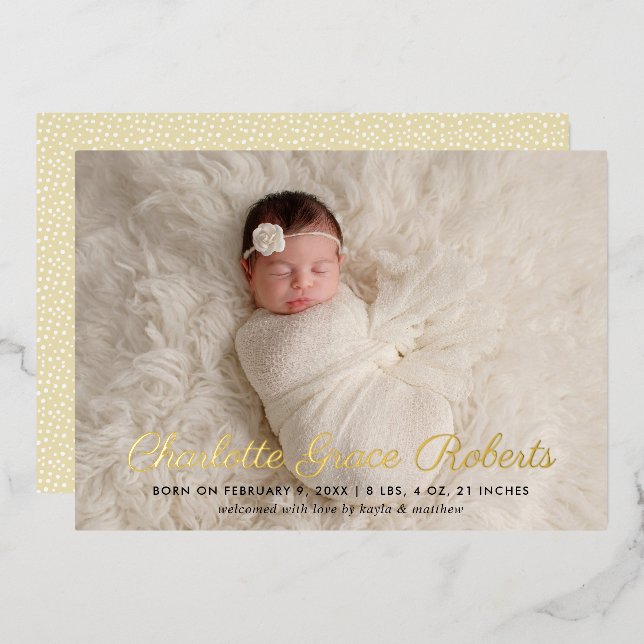 Elegant Gold Script Baby Photo Birth Announcement (Front/Back)