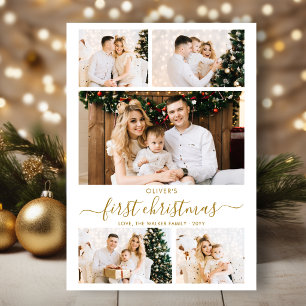 Elegant Gold Script Baby’s First Christmas 5 Photo Holiday Card
