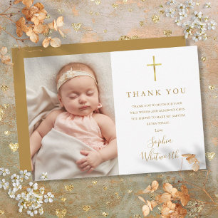 Elegant Gold Script Baptism Christening Photo Thank You Card