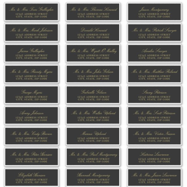 Elegant Gold Script Black Guest Address Labels (Front)