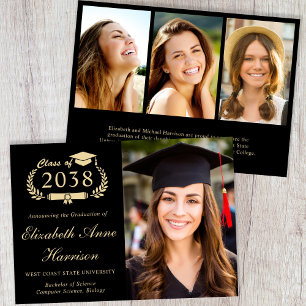 Elegant Gold Script Black Photo College Graduation Announcement
