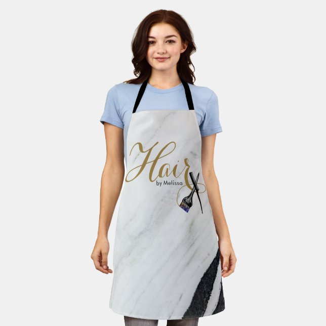 Elegant Gold Script Black White Marble Hair by You Apron (Worn)