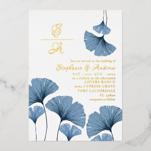 Elegant Gold Script Blue Leaf Wedding Invitation
