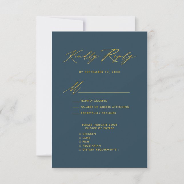Elegant Gold Script Blue Minimalist Wedding RSVP (Front)