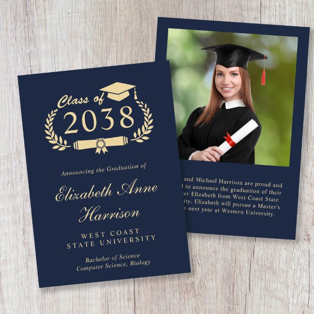 Elegant Gold Script Blue Photo College Graduation Announcement (Elegant Gold Script Blue Photo College Graduation Announcement)