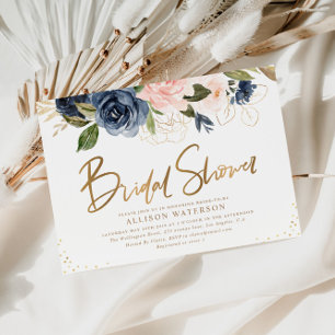 Elegant gold script blush & navy bridal shower invitation