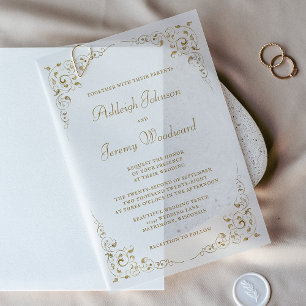 Elegant Gold Script Botanical Frame Wedding Vellum Invitations