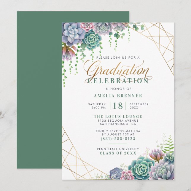 Elegant Gold Script Botanical Graduation Party Invitation (Front/Back)