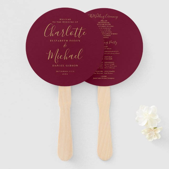 Elegant Gold Script Burgundy Wedding Program Hand Fan (Front and Back)