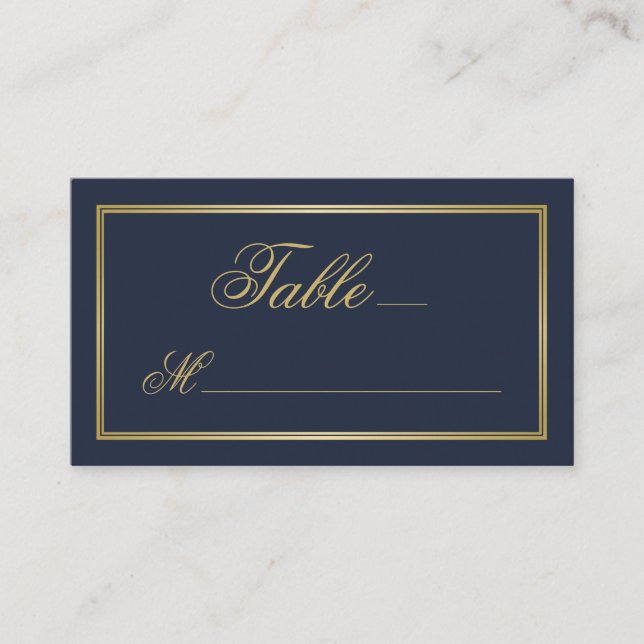 Elegant Gold Script Calligraphy Navy Blue Wedding Place Card (Front)