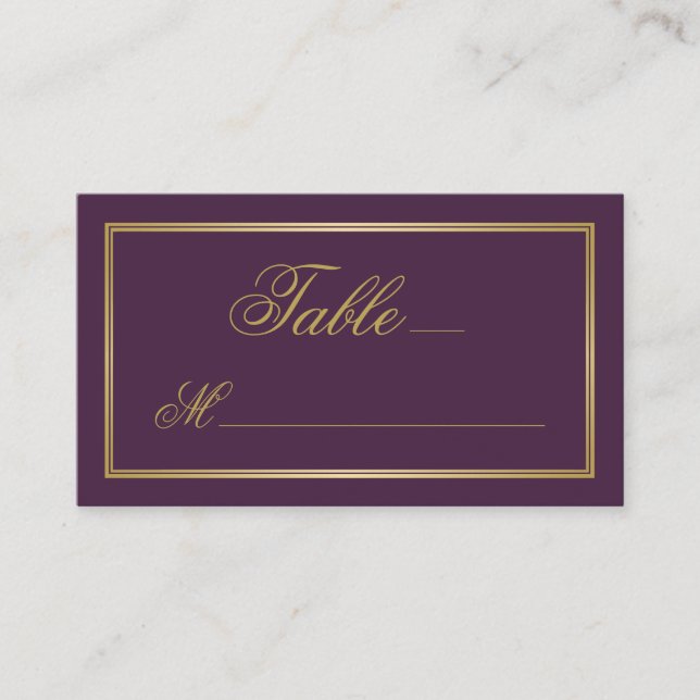 Elegant Gold Script Calligraphy on Plum Wedding Place Card (Front)