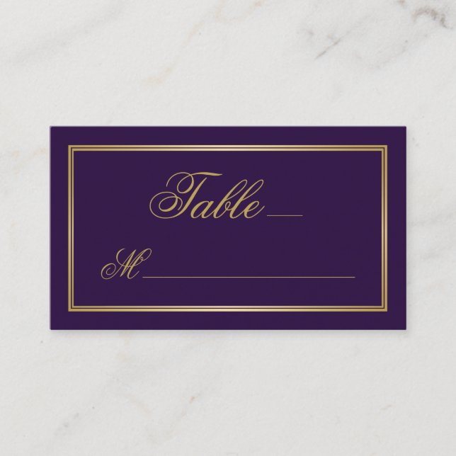 Elegant Gold Script Calligraphy on Purple Wedding Place Card (Front)