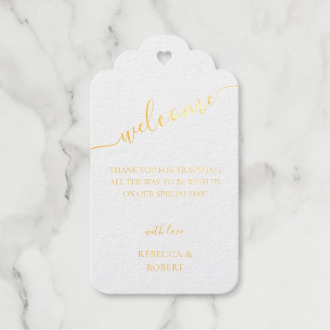 Elegant Gold Script Calligraphy Wedding Welcome Gift Tags (Front)