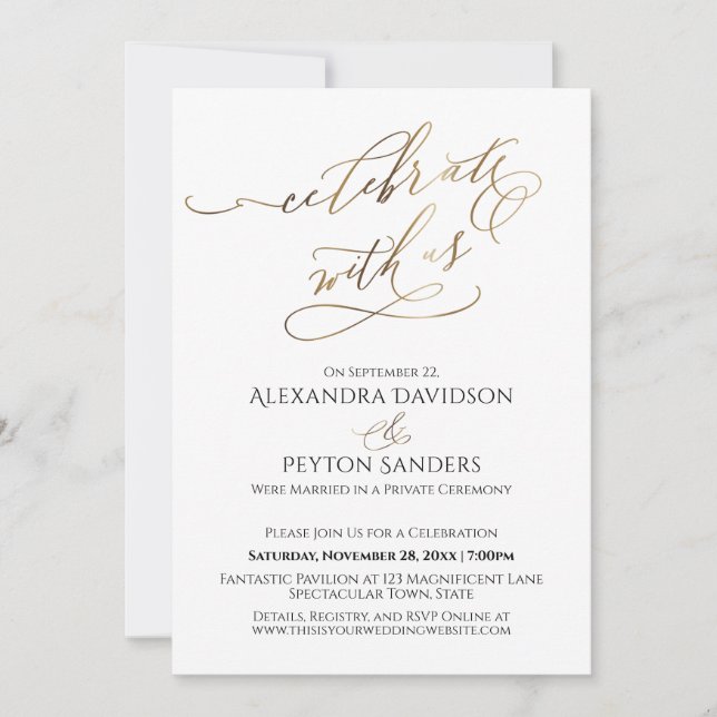 Elegant Gold Script Celebrate with Us Reception Invitation (Front)