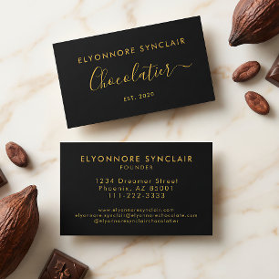 Elegant Gold Script Chocolatier Branding Black Business Card