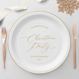 Elegant Gold Script Christmas Party  Paper Plate