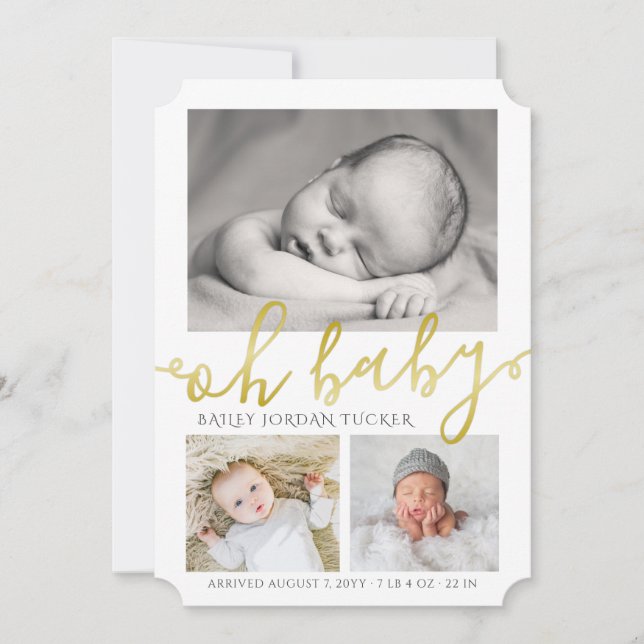 Elegant Gold Script Collage Photo Birth Announcement (Front)