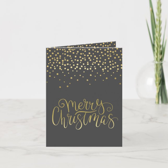 Elegant Gold Script & Confetti Black Christmas Holiday Card (Front)