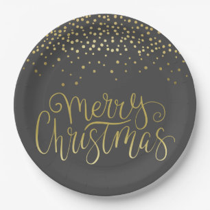 Elegant Gold Script & Confetti Glamourous Christma Paper Plate