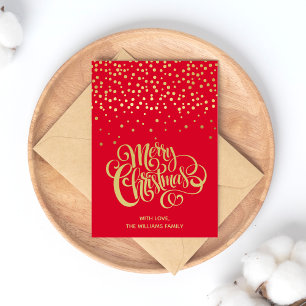 Elegant Gold Script & Confetti Red Christmas Postcard