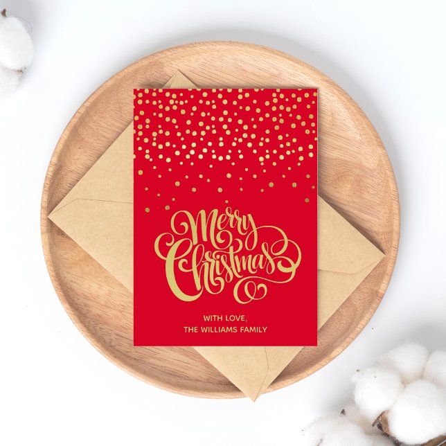Elegant Gold Script & Confetti Red Christmas Postcard (Creator Uploaded)